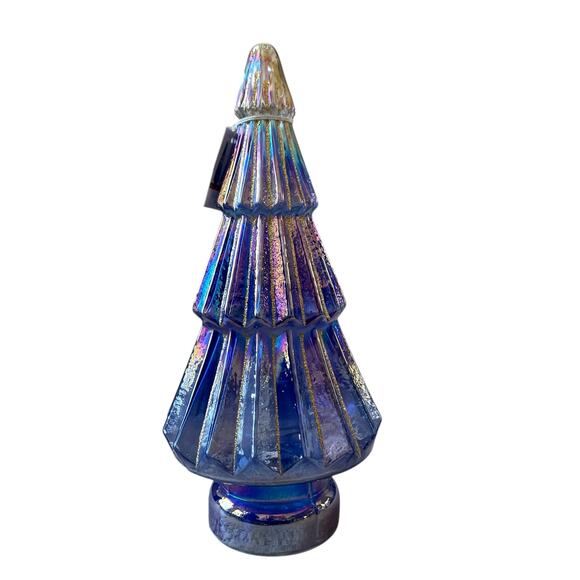 Illuminated Glass Christmas Tree 13.25in Blue & Gold Chic LED Holiday Decor New - Picture 7 of 15